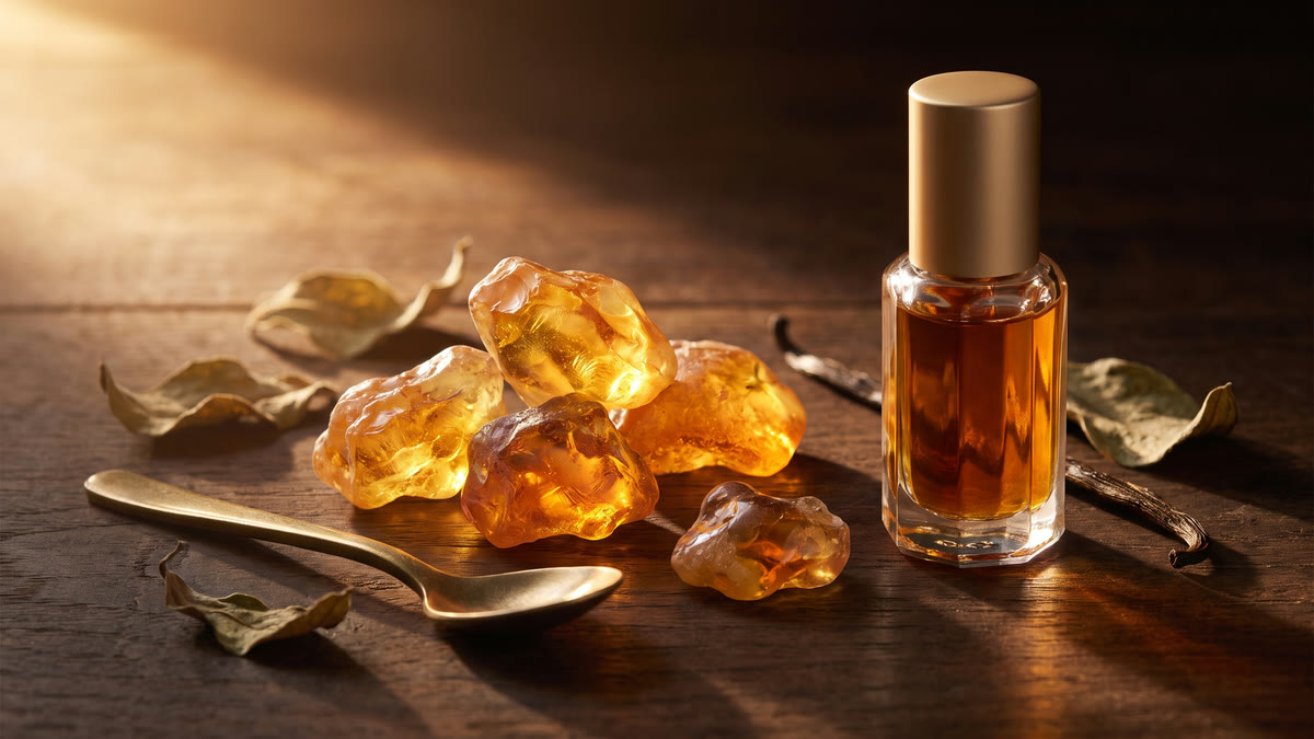 Koyu ahşap masada altın renkli amber reçineleri, pirinç kaşık ve amber esansı şişesi