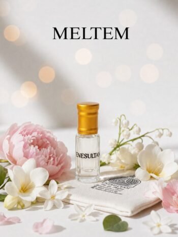Meltem esansı 3 ml altın kapaklı cam şişe, beyaz çiçekler ve keten kese ile