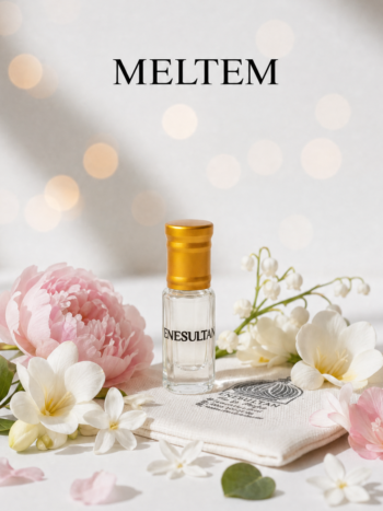 Meltem esansı 3 ml altın kapaklı cam şişe, beyaz çiçekler ve keten kese ile